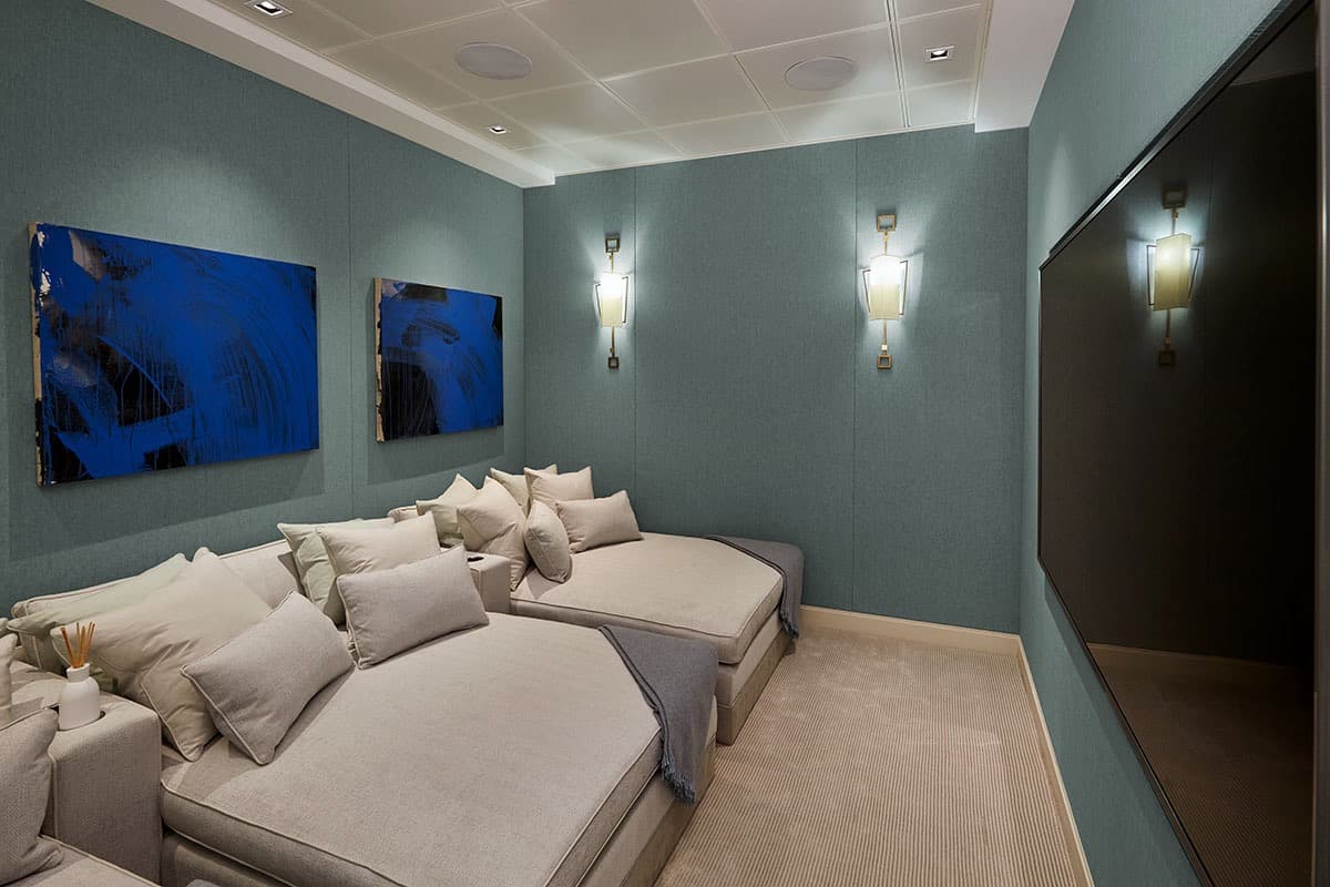 Dark stretch ceiling with spotlights in a home cinema